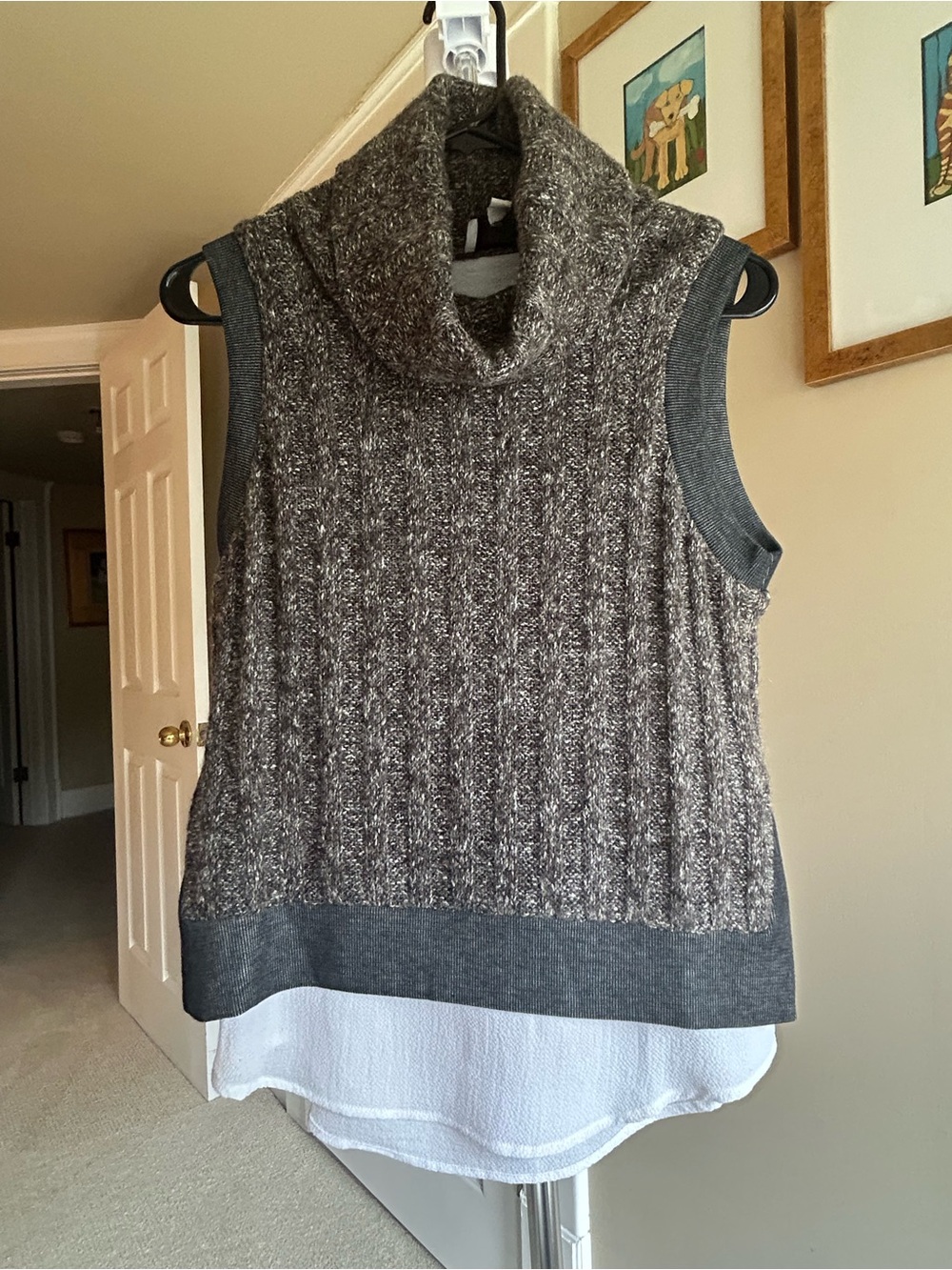 Greylin Gray Marled Sleeveless Turtleneck Sweater with White Layered Hem
